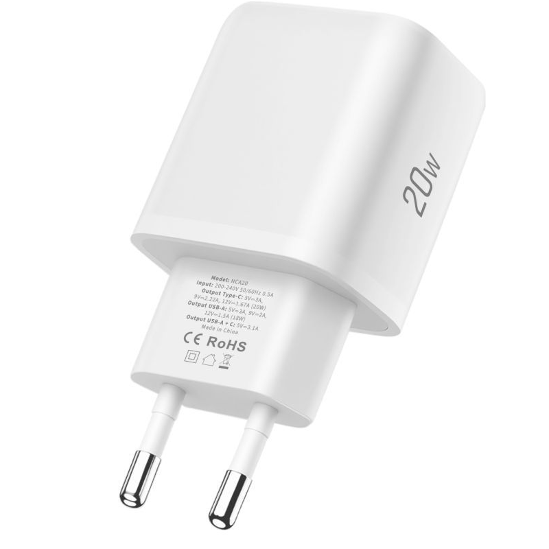 Síťová nabíječka s kabelem USB-C Tech-Protect NCA20, 20W, 3A, 1 x USB-A - 1 x USB-C, bílá