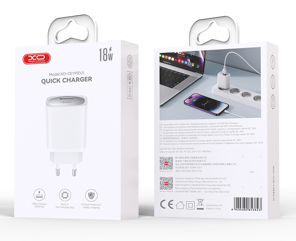 Síťová nabíječka s kabelem USB-C XO Design CE19, 18W, 3A, 1 x USB-A, Bílá