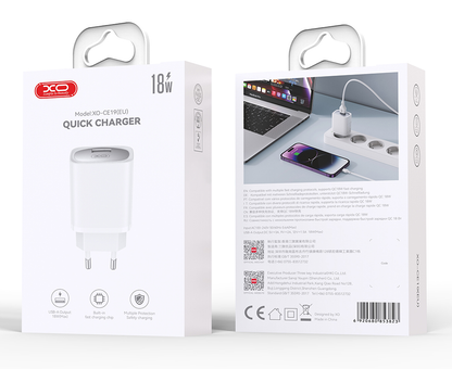 Síťová nabíječka s kabelem USB-C XO Design CE19, 18W, 3A, 1 x USB-A, Bílá