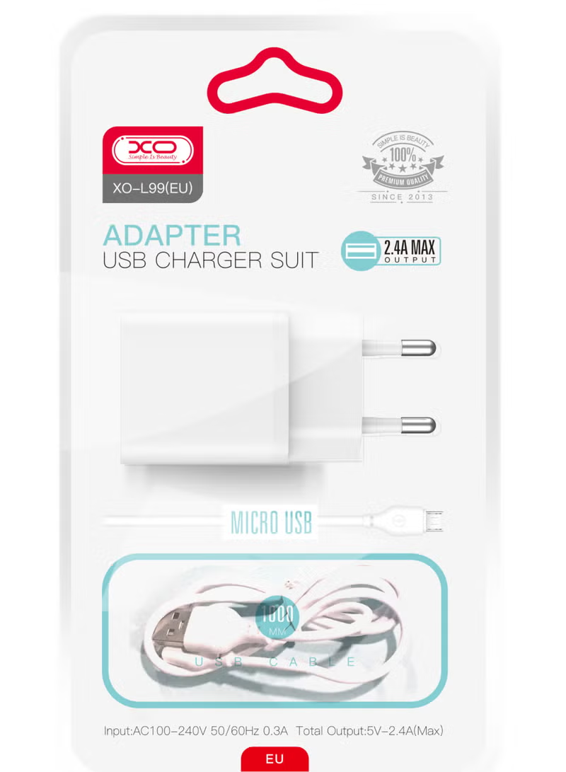 Network Charger with microUSB Cable XO Design L99, 12W, 2.4A, 1 x USB-A, White