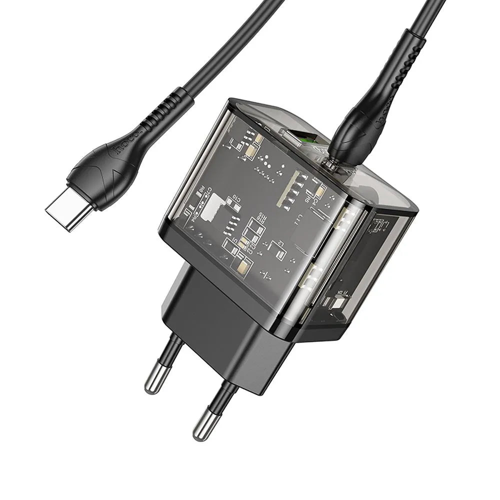 Síťová nabíječka s kabelem USB-C HOCO N34, 20W, 3A, 1 x USB-A - 1 x USB-C, Transparentní
