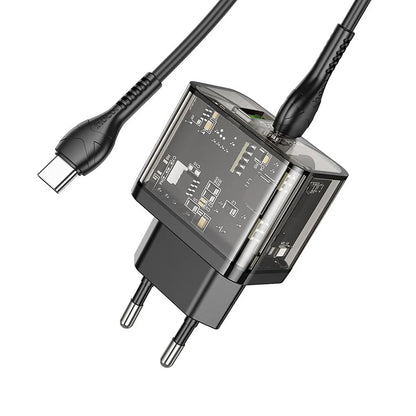 Síťová nabíječka s kabelem USB-C HOCO N34, 20W, 3A, 1 x USB-A - 1 x USB-C, Transparentní