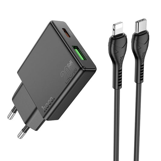 Síťová nabíječka s kabelem Lightning HOCO N38, 20W, 3A, 1 x USB-A - 1 x USB-C, černá