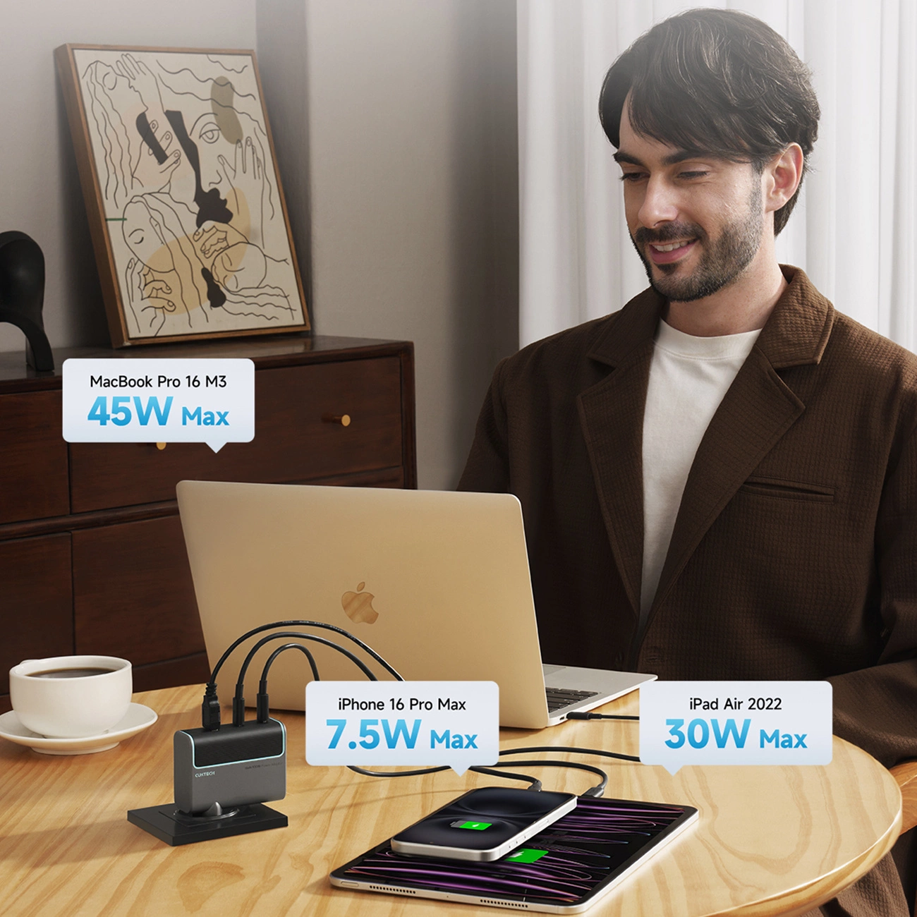 Síťová nabíječka s kabelem USB-C Cuktech, 100W, 5A, 1 x USB-A - 2 x USB-C, Šedá CUKAD1003EUG