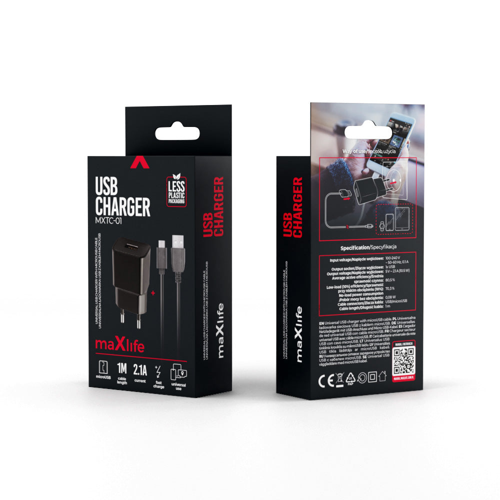 Síťová nabíječka s kabelem microUSB MaXlife MXTC-01, 10.5W, 2.1A, 1 x USB-A, Černá