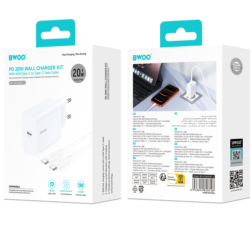 Síťová nabíječka s kabelem USB-C BWOO CDA233, 20W, 3A, 1 x USB-C, Bílá