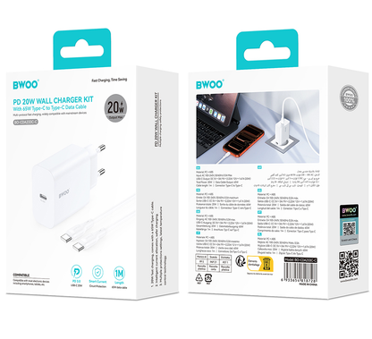 Síťová nabíječka s kabelem USB-C BWOO CDA233, 20W, 3A, 1 x USB-C, Bílá