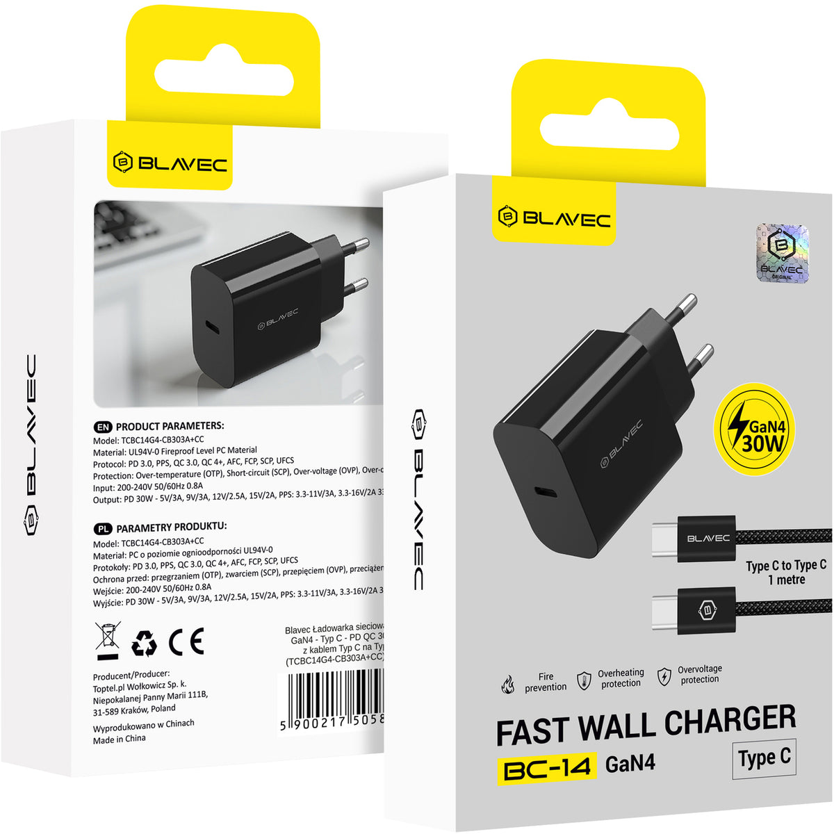 Blavec BC-14 USB-C Wall Charger with Cable, 30W, 3A, 1 x USB-C, Black