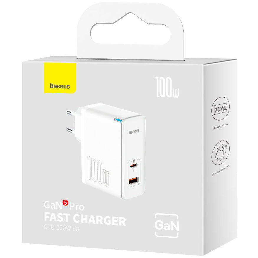 Síťová nabíječka s kabelem USB-C Baseus GaN5 Pro, 100W, 3A, 1 x USB-A - 1 x USB-C, Bílá CCGP090202