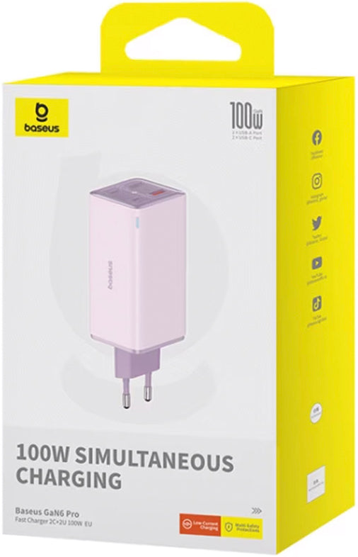 Síťová nabíječka s kabelem USB-C Baseus GaN6 Pro, 100W, 3.25A, 2 x USB-A - 2 x USB-C, Fialová P10162705532-00