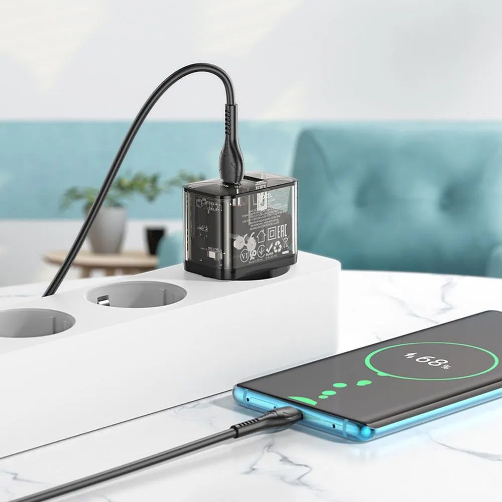 Síťová nabíječka s kabelem USB-C HOCO N34, 20W, 3A, 1 x USB-A - 1 x USB-C, Transparentní