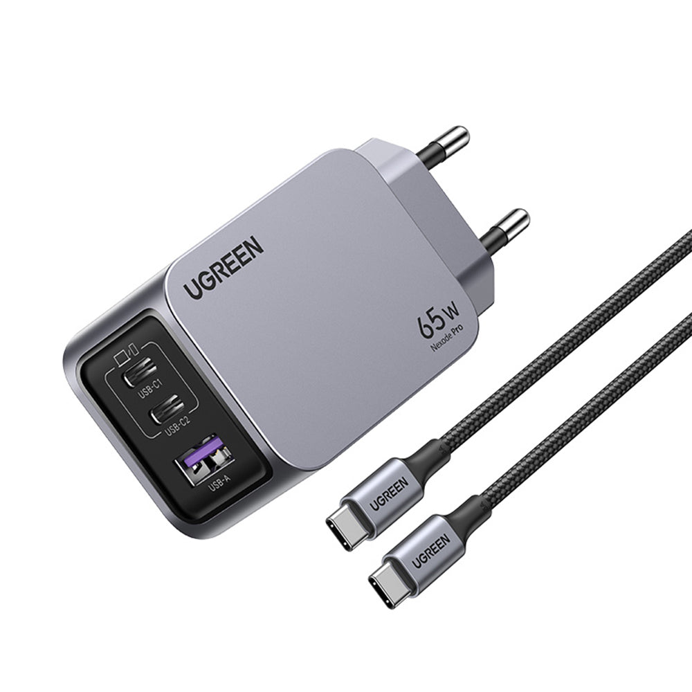 Síťová nabíječka s kabelem USB-C UGREEN X755 Nexode Pro, 65W, 3A, 1 x USB-A - 2 x USB-C, šedá
