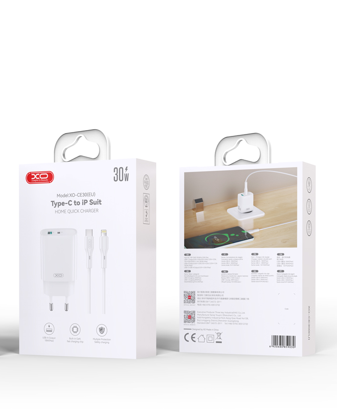 Síťová nabíječka s kabelem Lightning XO Design CE30, 30W, 3A, 1 x USB-A - 1 x USB-C, Bílá