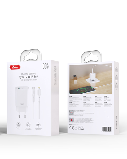 Síťová nabíječka s kabelem Lightning XO Design CE30, 30W, 3A, 1 x USB-A - 1 x USB-C, Bílá