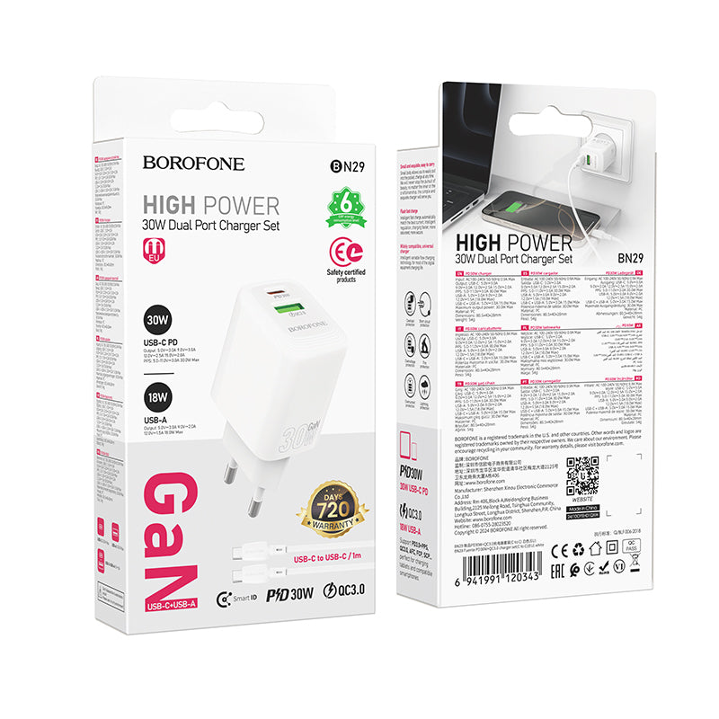 Síťová nabíječka s kabelem USB-C Borofone BN29 Fuente, 30W, 3A, 1 x USB-A - 1 x USB-C, bílá