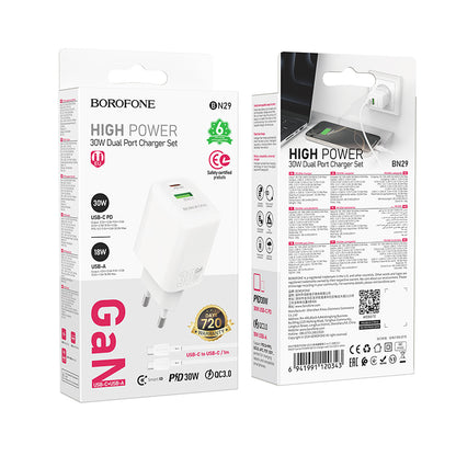 Síťová nabíječka s kabelem USB-C Borofone BN29 Fuente, 30W, 3A, 1 x USB-A - 1 x USB-C, bílá