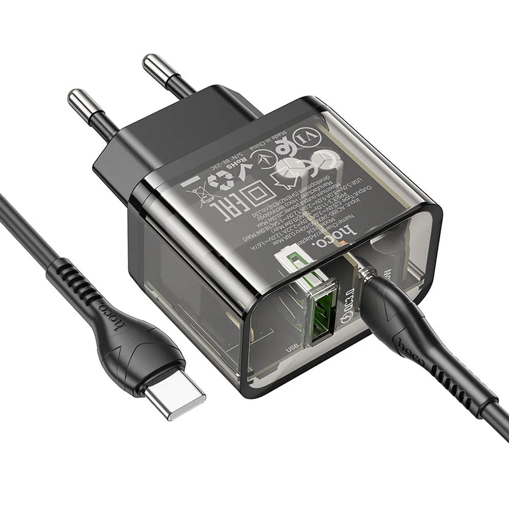 Síťová nabíječka s kabelem USB-C HOCO N34, 20W, 3A, 1 x USB-A - 1 x USB-C, Transparentní
