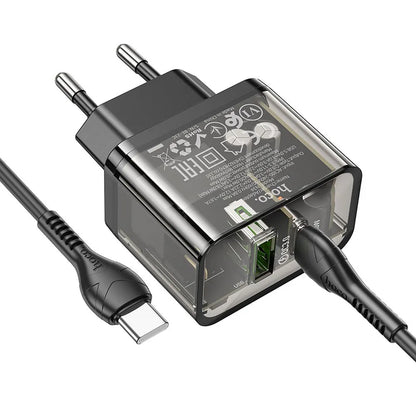 Síťová nabíječka s kabelem USB-C HOCO N34, 20W, 3A, 1 x USB-A - 1 x USB-C, Transparentní
