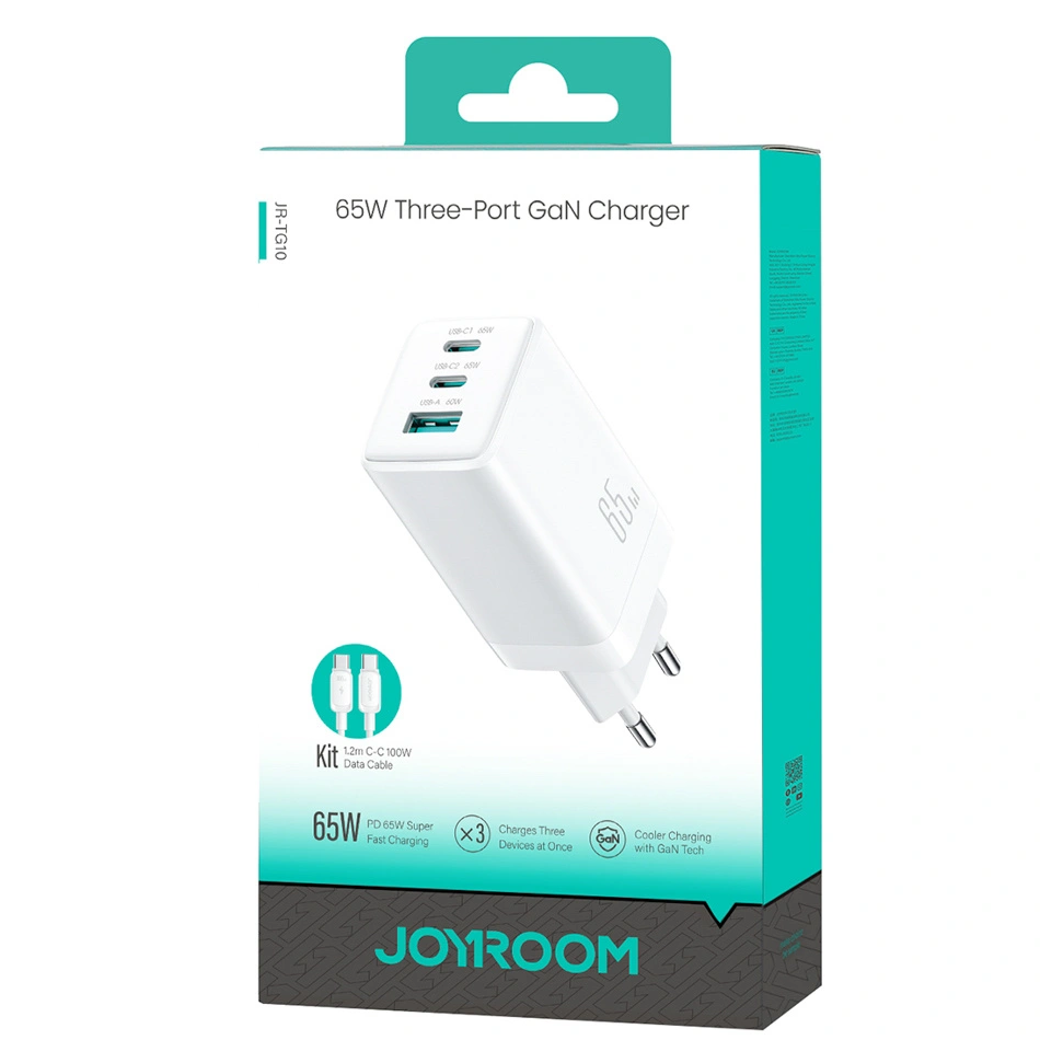 Joyroom JR-TG10 USB-C Network Charger with Cable, 65W, 3.25A, 1 x USB-A - 2 x USB-C, White