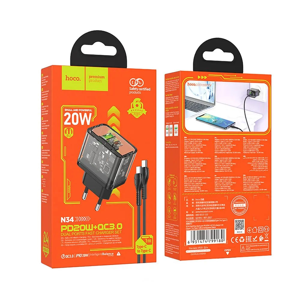 Síťová nabíječka s kabelem USB-C HOCO N34, 20W, 3A, 1 x USB-A - 1 x USB-C, Transparentní