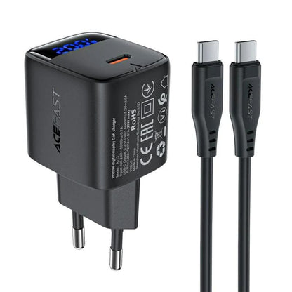 Síťová nabíječka s kabelem USB-C Acefast A113 Display, 20W, 3A, 1 x USB-C, černá