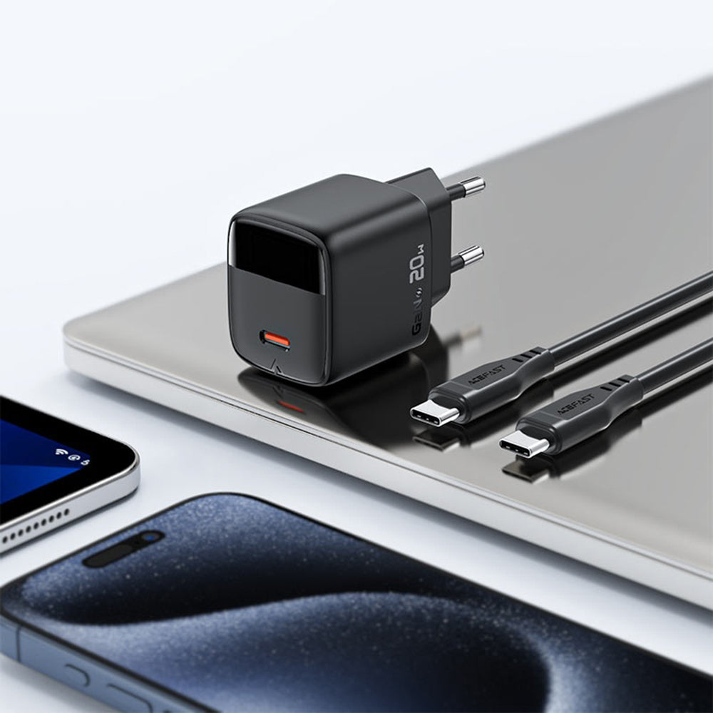Síťová nabíječka s kabelem USB-C Acefast A113 Display, 20W, 3A, 1 x USB-C, černá
