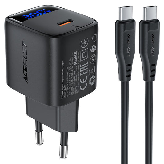 Síťová nabíječka s kabelem USB-C Acefast A115 Display, 30W, 3A, 1 x USB-C, černá