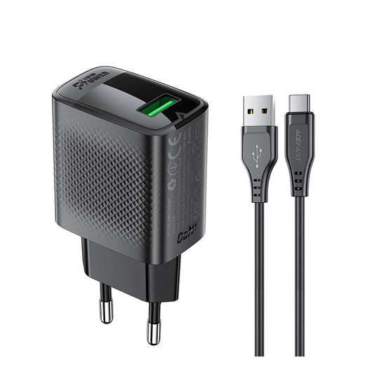 Síťová nabíječka s kabelem USB-C Acefast A90, 18W, 3A, 1 x USB-A, černá