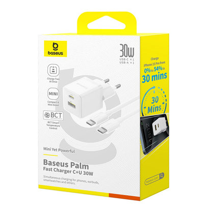 Síťová nabíječka s kabelem USB-C Baseus Palm, 30W, 3A, 1 x USB-A - 1 x USB-C, bílá P1011160A213-01