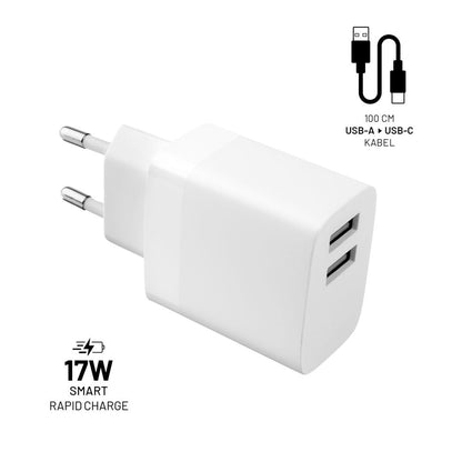 Fixed USB-C Network Charger with Cable, 17W, 3A, 2 x USB-A, White