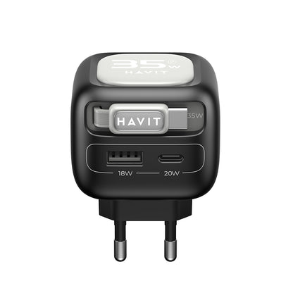 HAVIT UC251 USB-C Network Charger with Cable, 35W, 3A, 1 x USB-A - 1 x USB-C, Black Grey