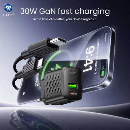 Síťová nabíječka s kabelem USB-C Lito LC19T, 30W, 3A, 1 x USB-A - 1 x USB-C, černá