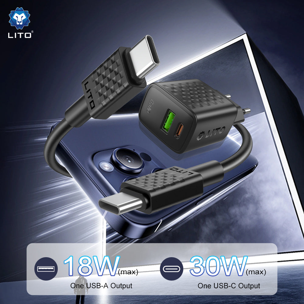 Síťová nabíječka s kabelem USB-C Lito LC19T, 30W, 3A, 1 x USB-A - 1 x USB-C, černá