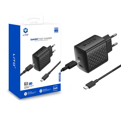 Síťová nabíječka s kabelem USB-C Lito LC22T, 45W, 3A, 2 x USB-C, černá