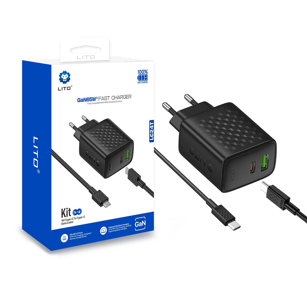 Síťová nabíječka s kabelem USB-C Lito LC24T, 65W, 3.25A, 1 x USB-A - 1 x USB-C, černá