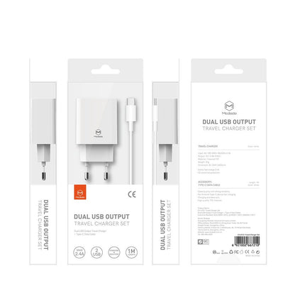 Síťová nabíječka s kabelem USB-C McDodo CH-6721 Offer, 12W, 2.4A, 2 x USB-A, Bílá