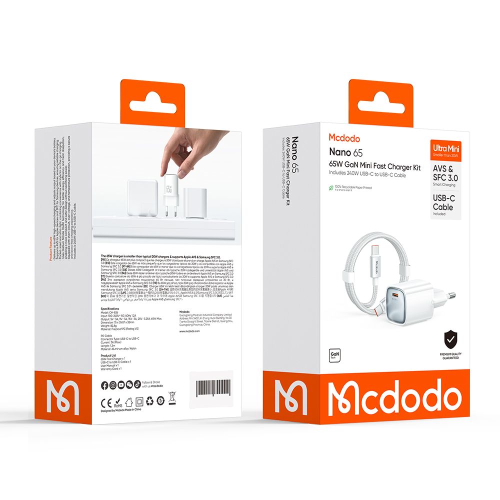 Síťová nabíječka s kabelem USB-C Mcdodo Nano CH-8263, 65W, 3,25A, 1 x USB-C, bílá