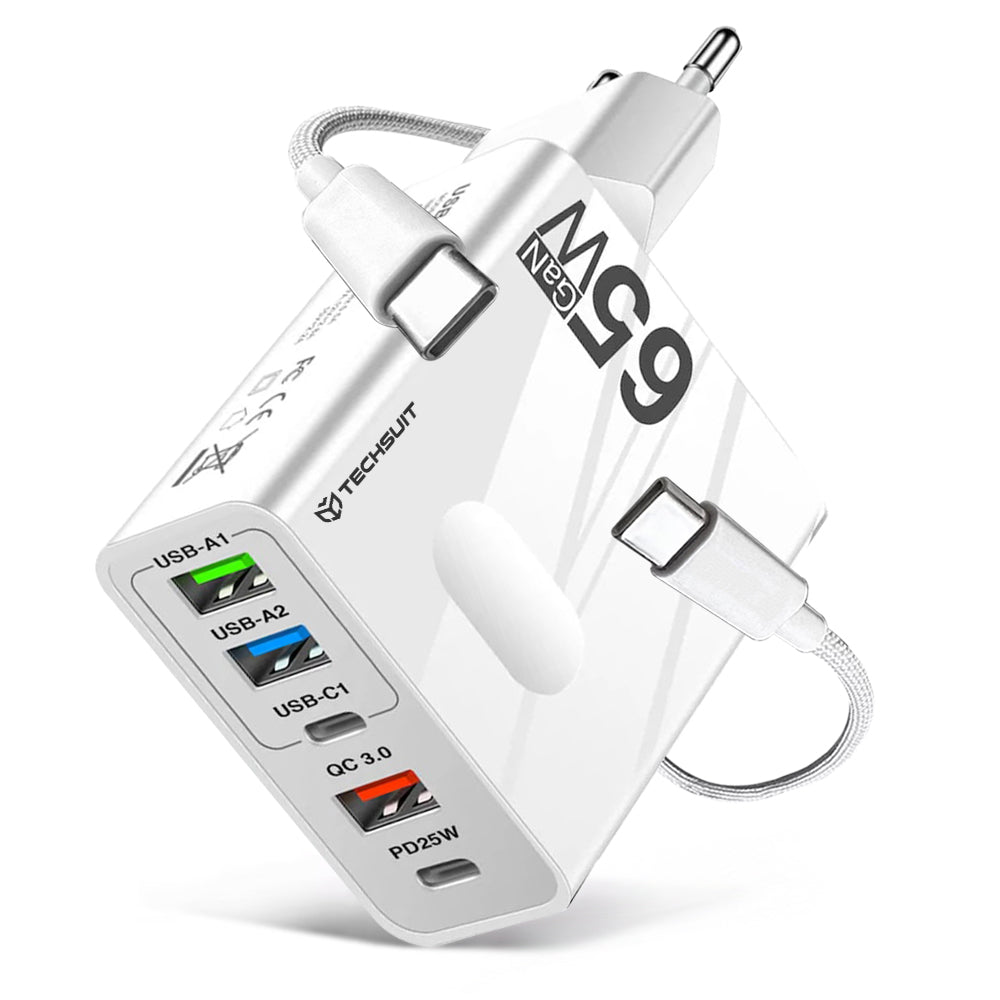 Síťová nabíječka s kabelem USB-C Techsuit CHC1 PentaXPower, 25W, 3A, 3 x USB-A - 2 x USB-C, bílá
