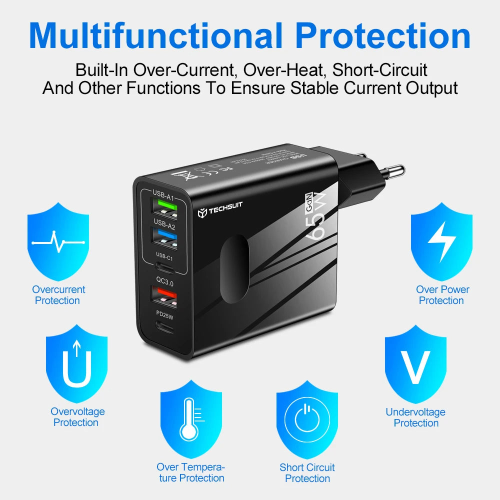 Síťová nabíječka s kabelem USB-C Techsuit CHC1 PentaXPower, 25W, 3A, 3 x USB-A - 2 x USB-C, bílá