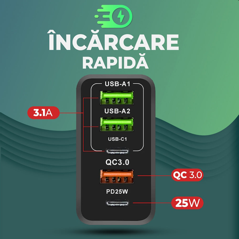 Síťová nabíječka s kabelem USB-C Techsuit CHC1 PentaXPower, 25W, 3A, 3 x USB-A - 2 x USB-C, černá