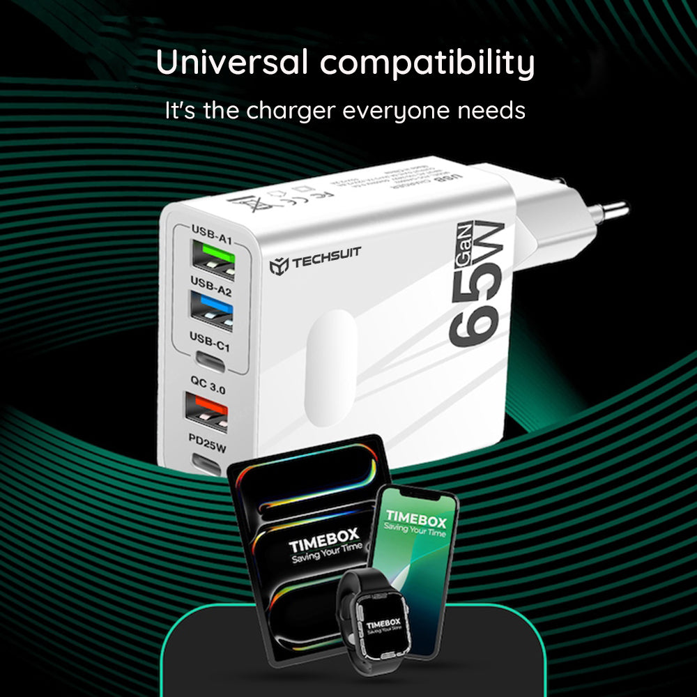 Síťová nabíječka s kabelem USB-C Techsuit CHC1 PentaXPower, 25W, 3A, 3 x USB-A - 2 x USB-C, černá