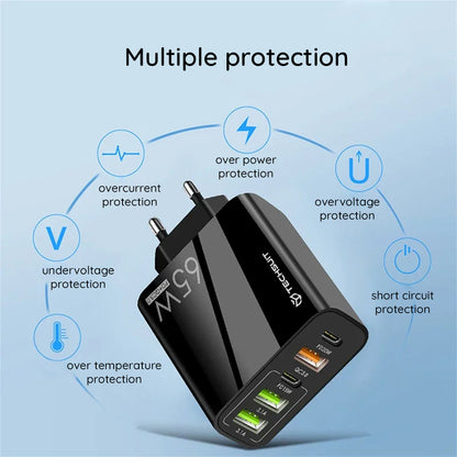 Síťová nabíječka s kabelem USB-C Techsuit CHC2 PentaXPower, 20W, 3A, 3 x USB-A - 2 x USB-C, černá