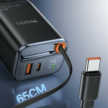 Síťová nabíječka s kabelem USB-C Yesido YC100 Display, 67W, 3.35A, 1 x USB-A - 1 x USB-C, černá