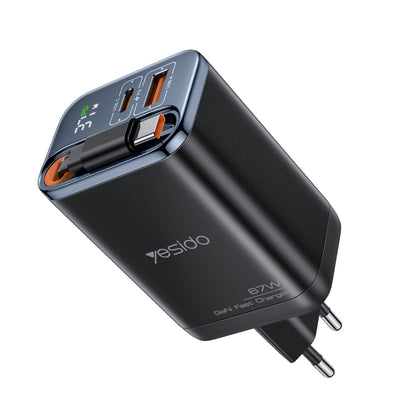 Síťová nabíječka s kabelem USB-C Yesido YC100 Display, 67W, 3.35A, 1 x USB-A - 1 x USB-C, černá