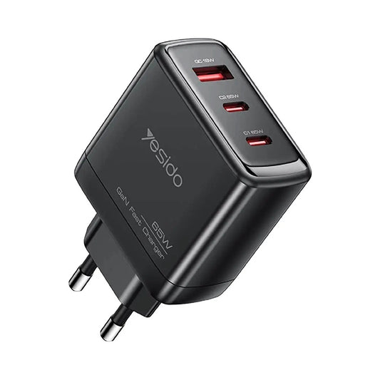 Síťová nabíječka s kabelem USB-C Yesido YC144C, 65W, 3.25A, 1 x USB-A - 2 x USB-C, černá