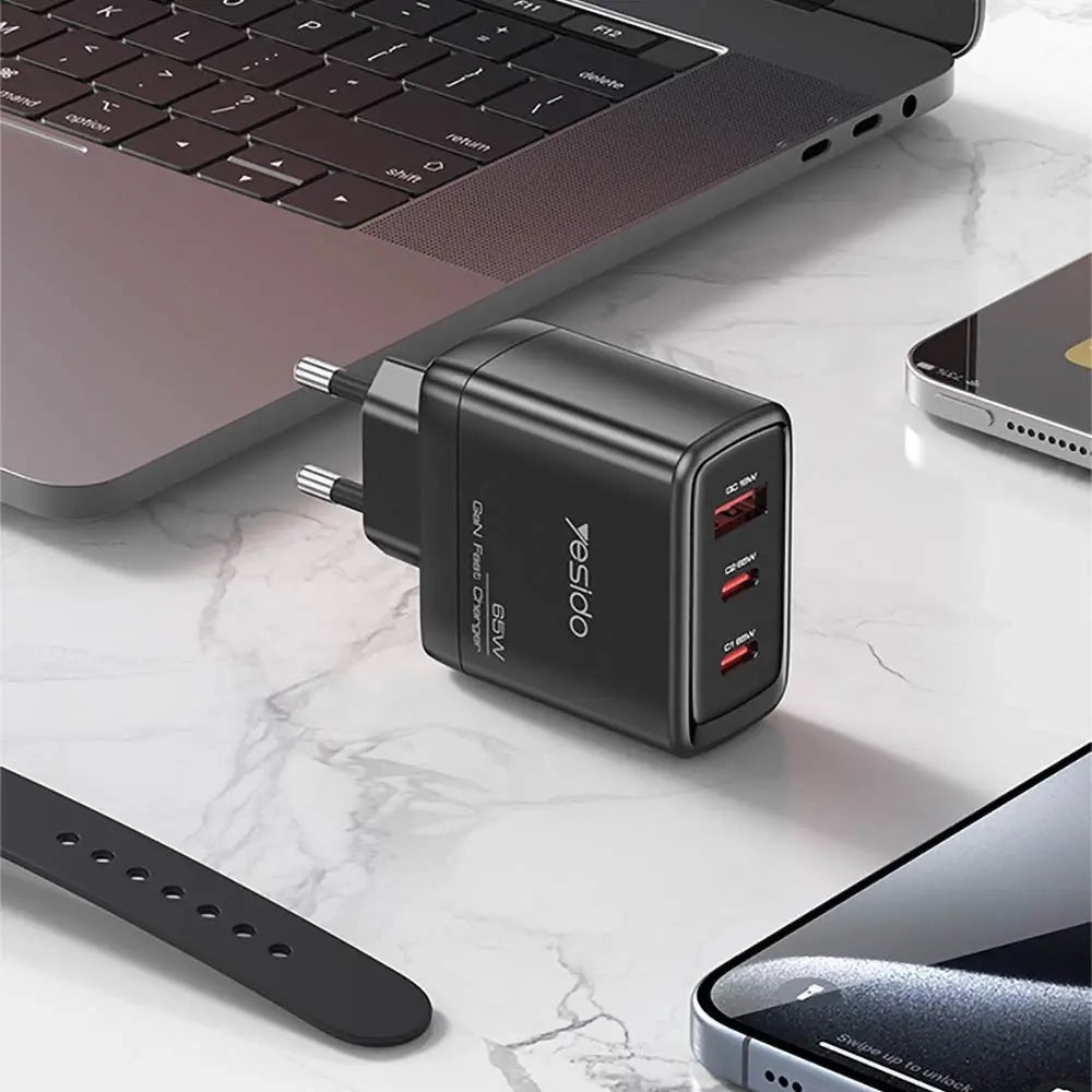 Síťová nabíječka s kabelem USB-C Yesido YC144C, 65W, 3.25A, 1 x USB-A - 2 x USB-C, černá