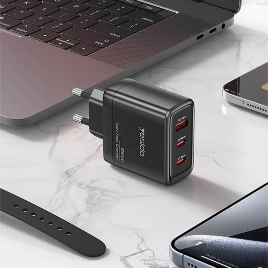 Síťová nabíječka s kabelem USB-C Yesido YC144C, 65W, 3.25A, 1 x USB-A - 2 x USB-C, černá