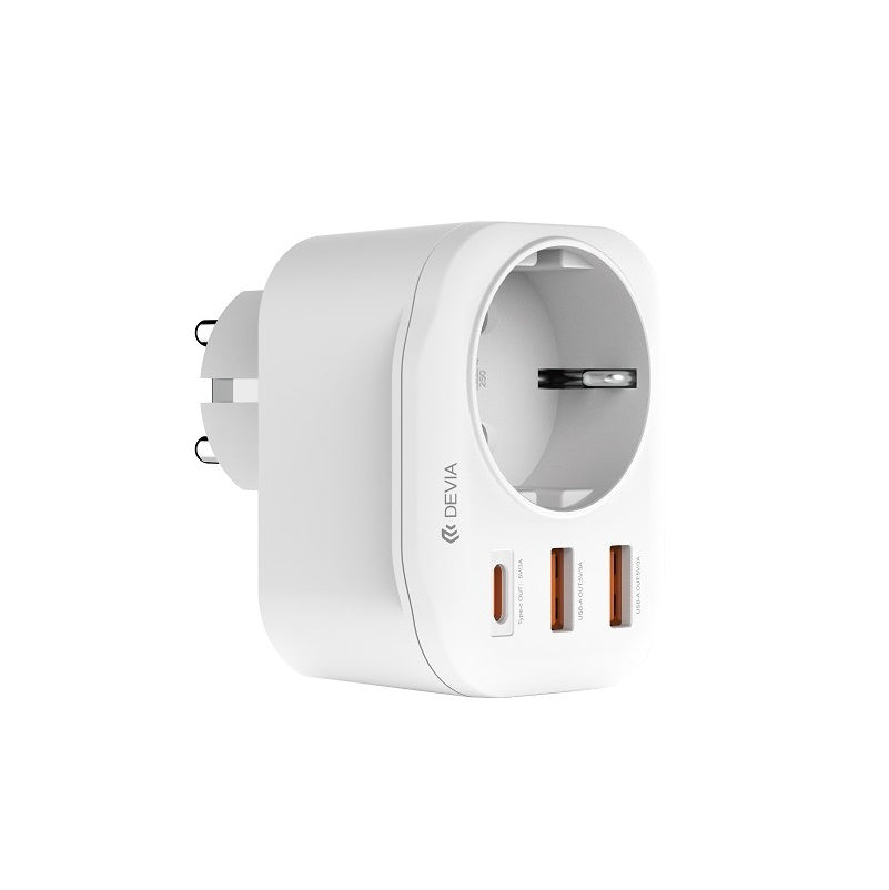 Síťová nabíječka DEVIA WW09-F-PD, 20W, 3A, 2 x USB-A - 1 x USB-C - 1 x Schuko, Bílá
