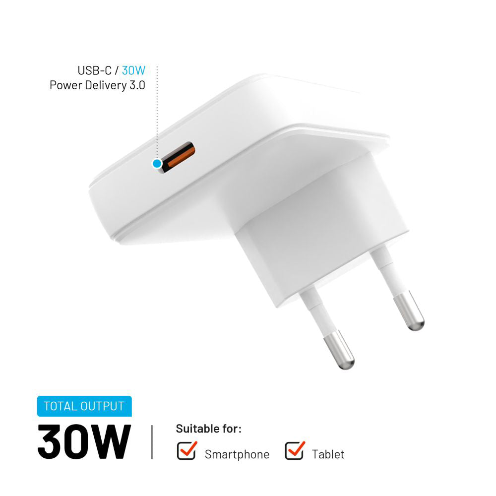 Síťová nabíječka Fixed, 30W, 3A, 1 x USB-C, Bílá