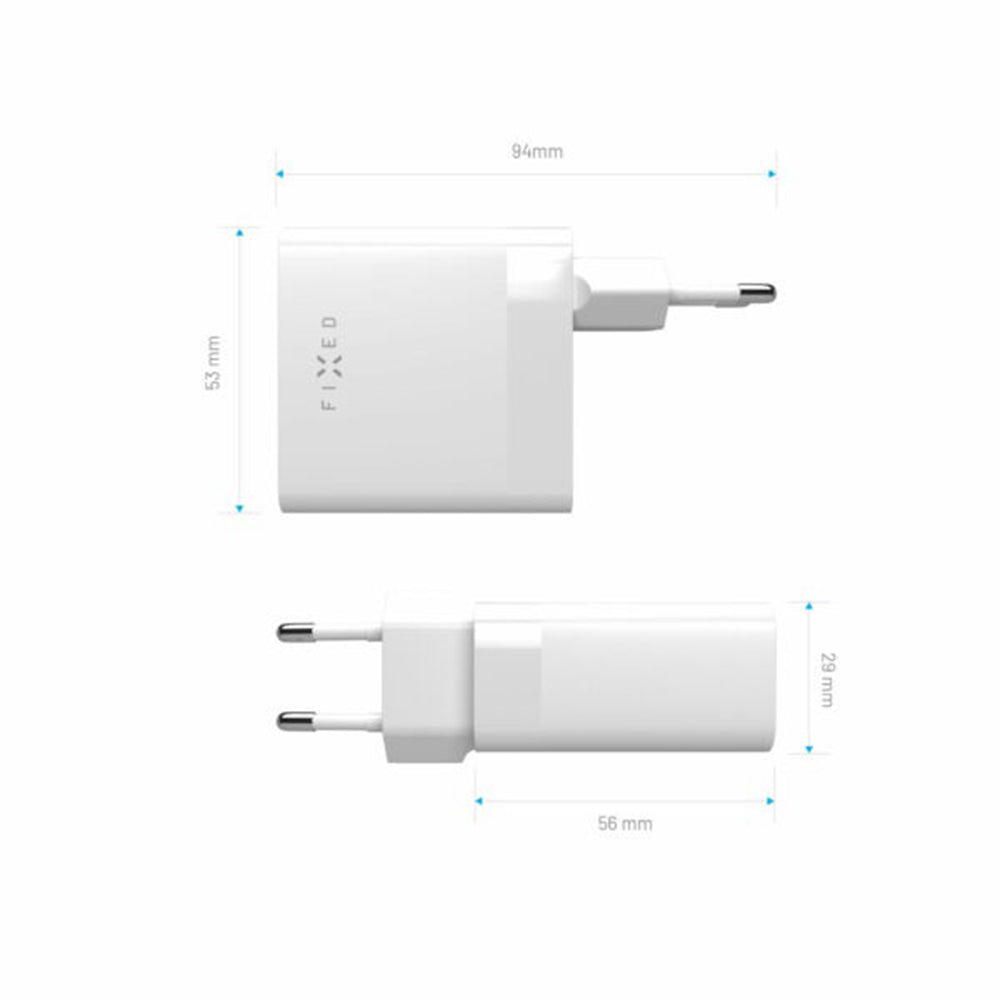 Síťová nabíječka Fixed, 65W, 3.25A, 2 x USB-C, Bílá